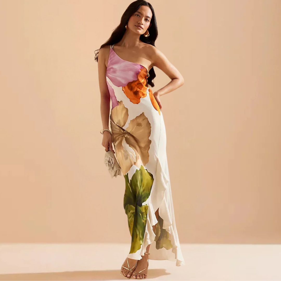Alma Elegante Lange Bloemenjurk Met Één Schouder voor Dames