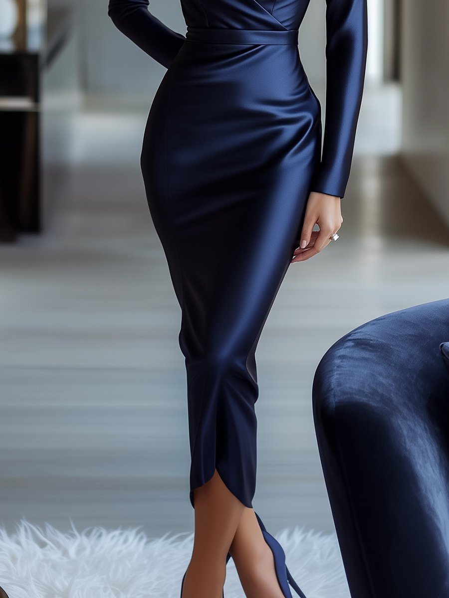 Marineblauwe Satijnen Bodycon Jurk met Klassieke V-Hals en Chic Ontwerp